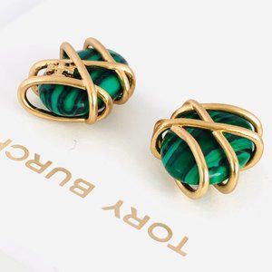 Auth NEW Stunning Tory Burch ROXANNE Semi Precious Green Malachite Wrapped Studs